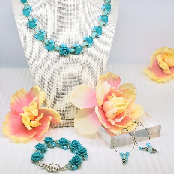 Turquoise Ice & Roses 3pc Jewelry Set,  Sterling Silver w/Glass & Crystal Beads - Picture 15 of 15